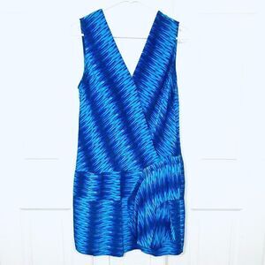 Tracy Reese Bright Blue 100% Silk Sleeveless Printed Mini Dress Low Cut Size 6